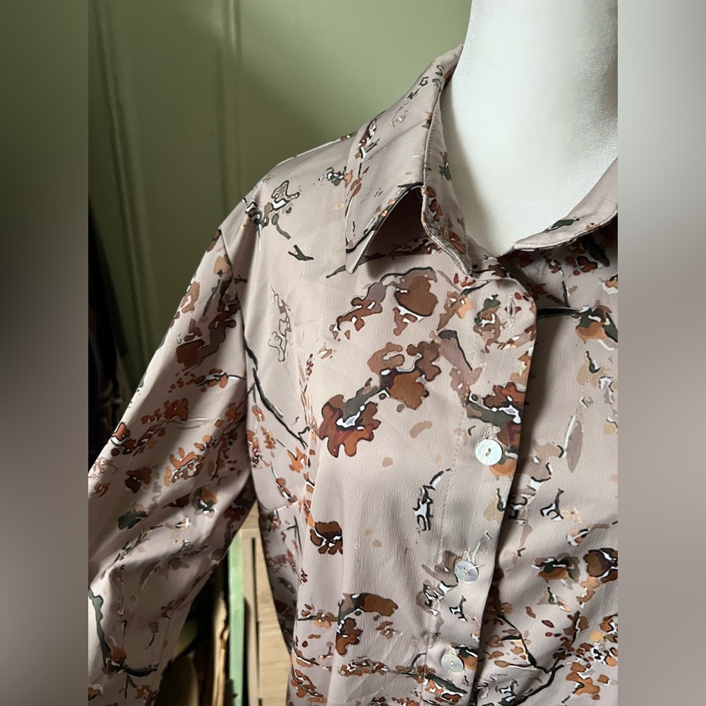 Autumnal Print Modest Maxi Button Down Relaxed Fit Long-Sleeve Satin Dress Sz XL - Picture 6 of 16